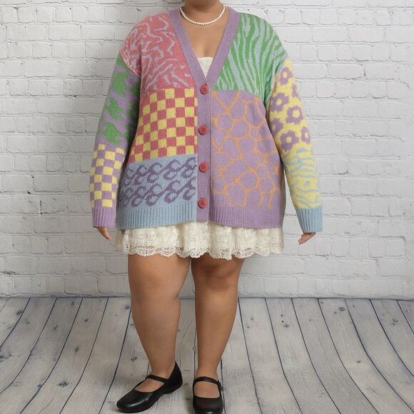 Boutique Sweaters - Oversized Cardigan Women Medium Pattern Patchwork Y2K Coquette Kidcore Sweater
